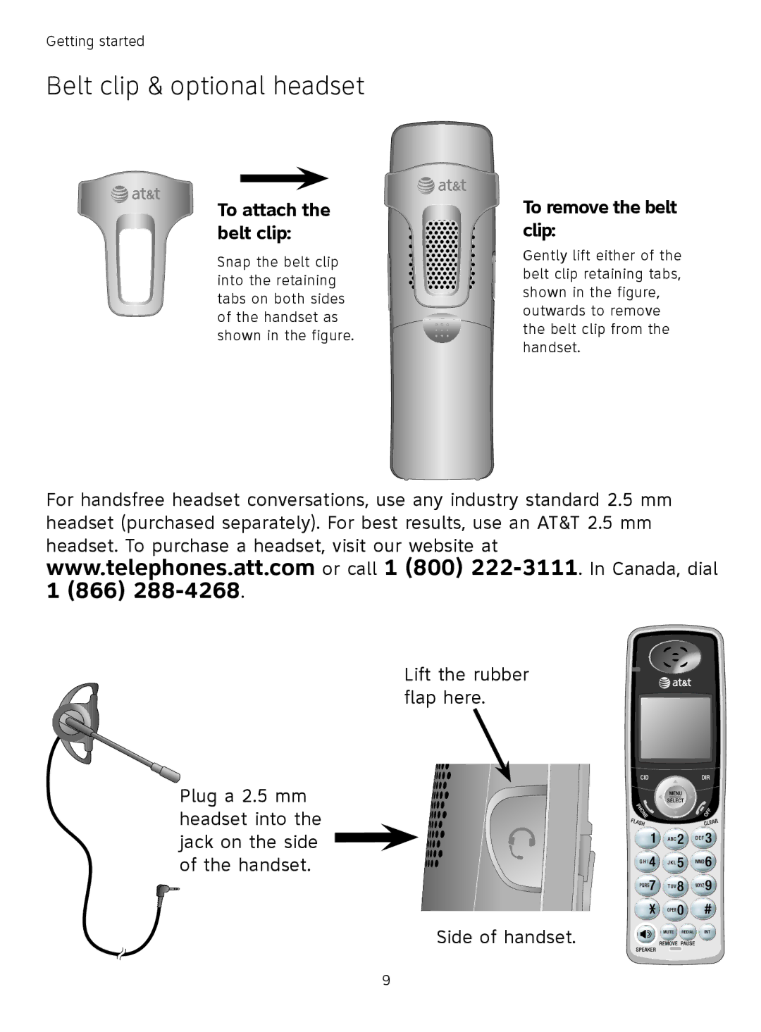 AT&T TL71308 user manual Belt clip & optional headset, To attach the belt clip, To remove the belt clip 