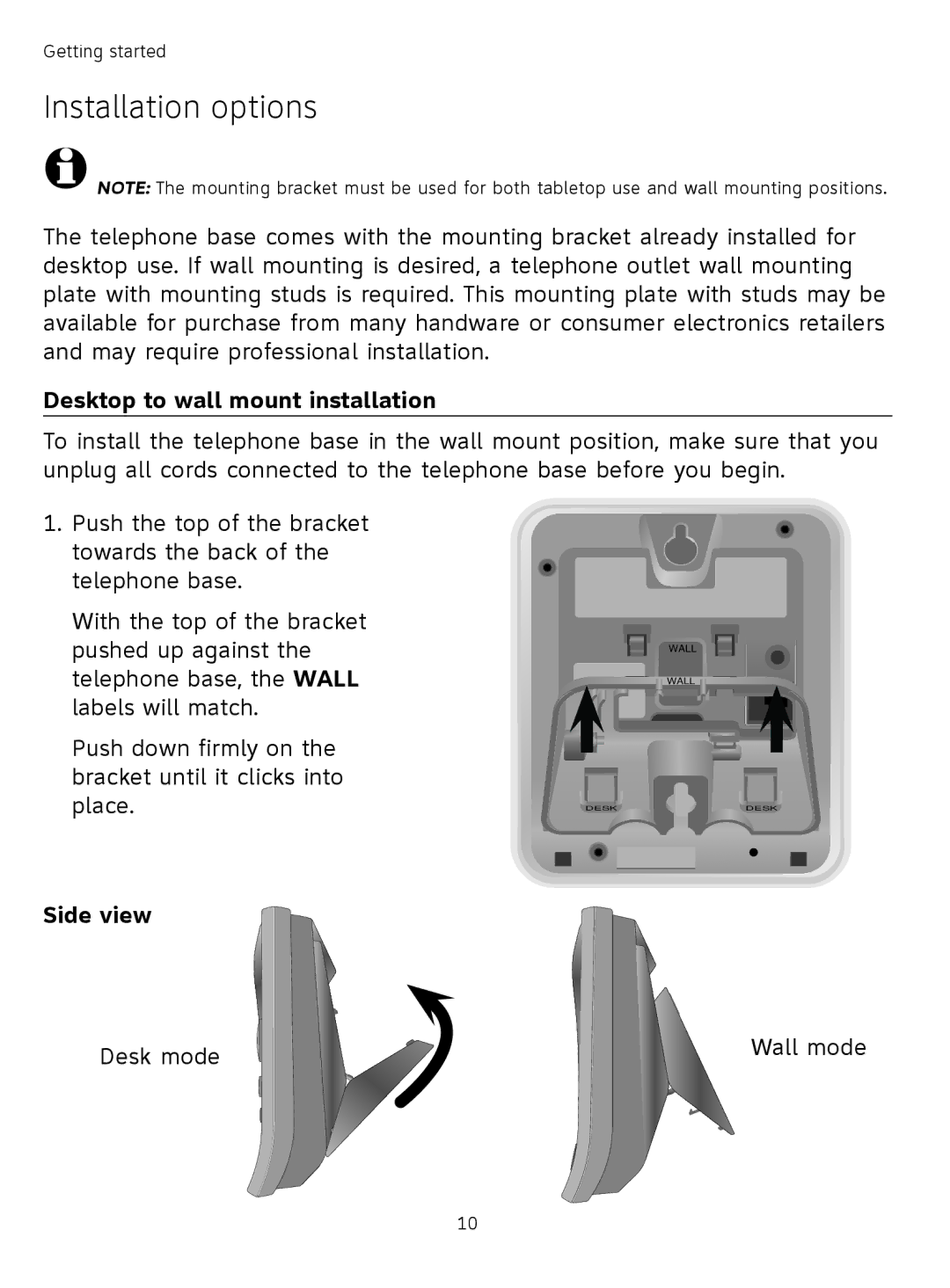 AT&T TL71308 user manual Installation options, Desktop to wall mount installation, Side view 