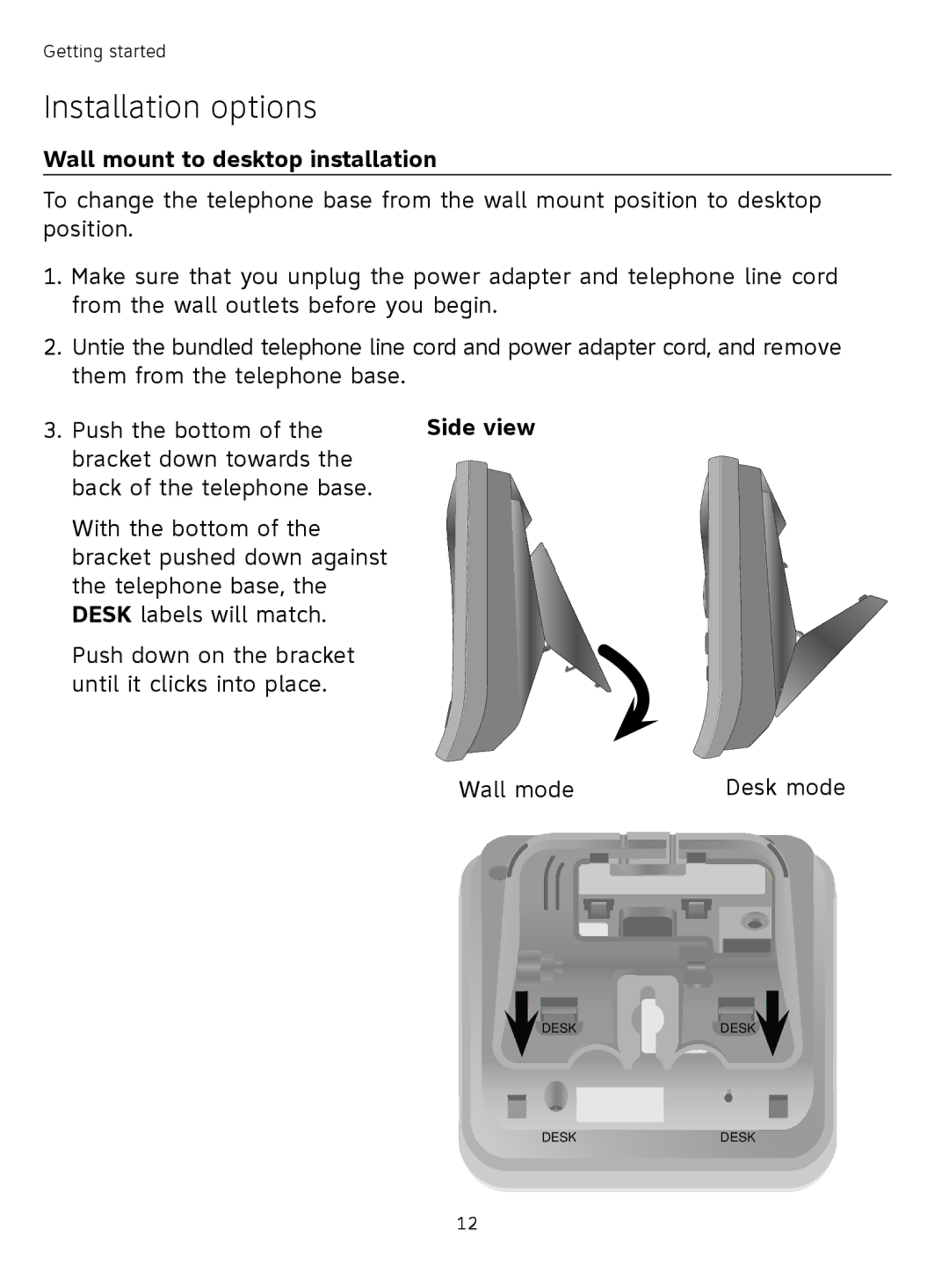 AT&T TL71308 user manual Wall mount to desktop installation 