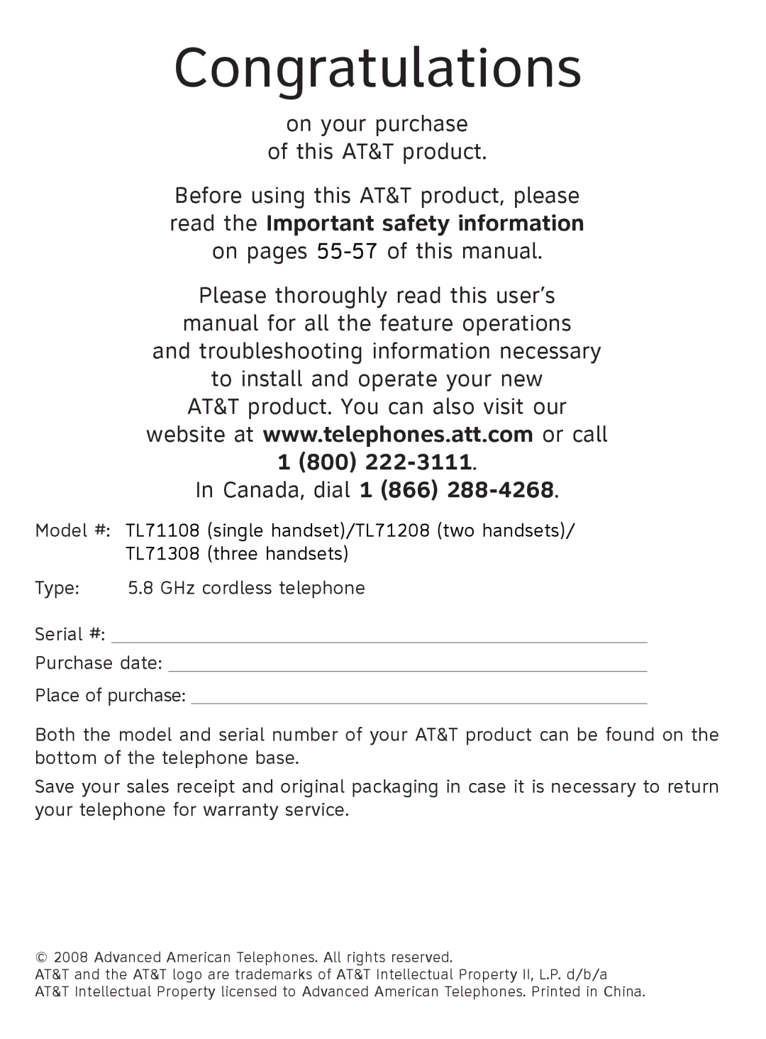 AT&T TL71308 user manual Congratulations 