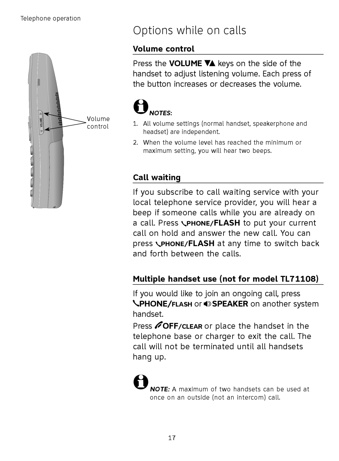 AT&T TL71308 user manual Options while on calls, Volume control, Call waiting, Multiple handset use not for model TL71108 