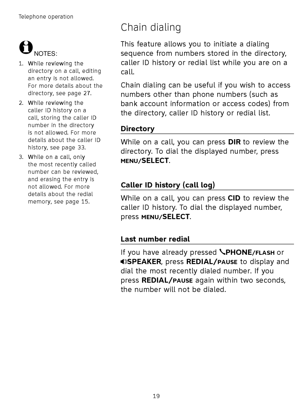 AT&T TL71308 user manual Chain dialing, Directory, Caller ID history call log 