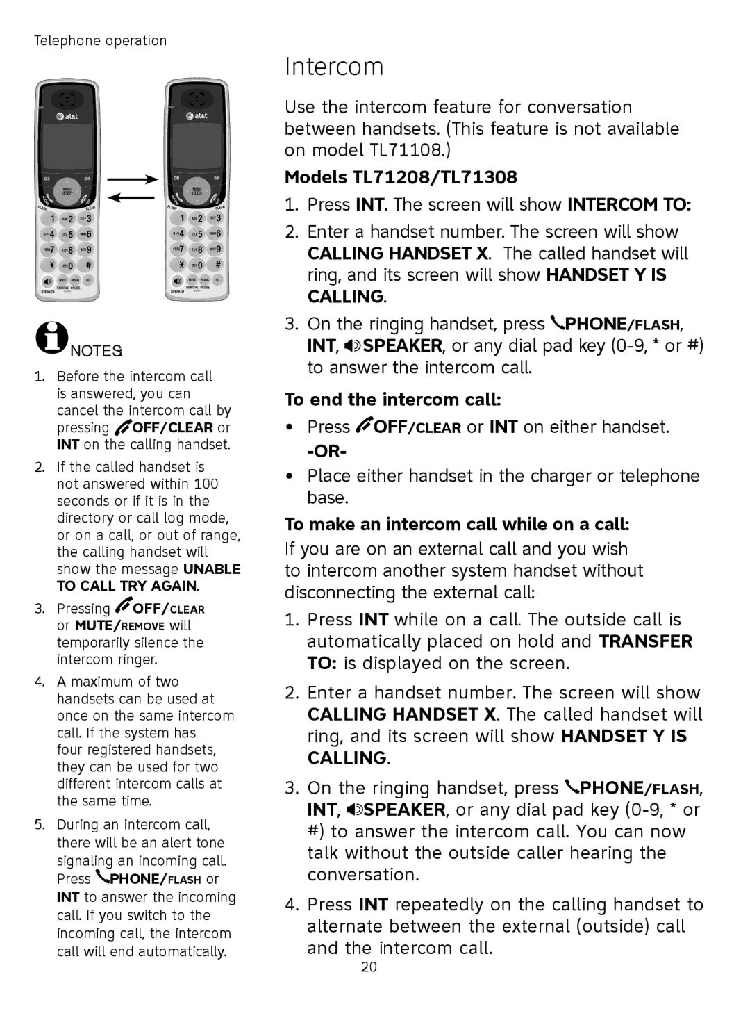 AT&T user manual Intercom, Models TL71208/TL71308, To end the intercom call, To make an intercom call while on a call 