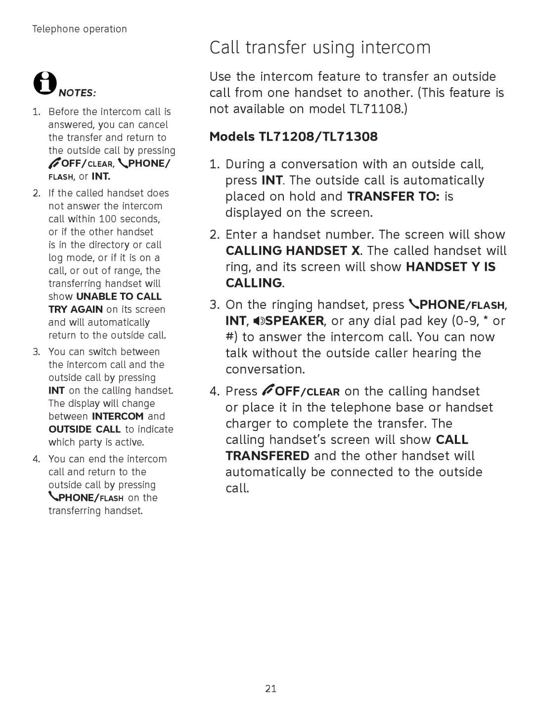 AT&T TL71308 user manual Call transfer using intercom, OFF/CLEAR, Phone 