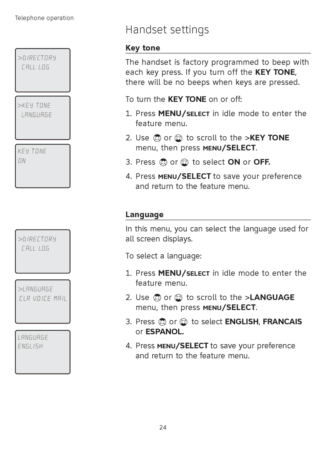 AT&T TL71308 user manual Key tone, Language 