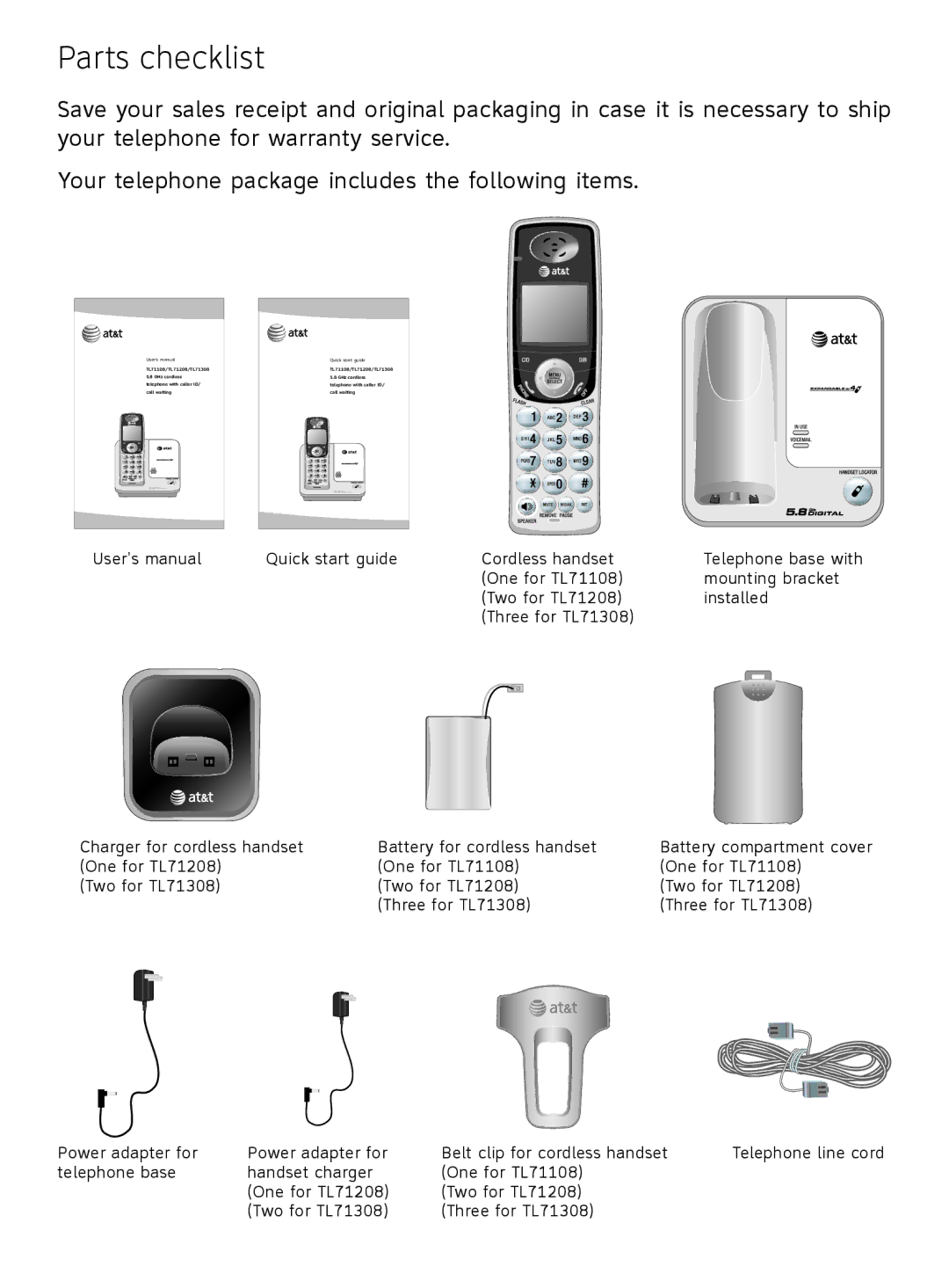 AT&T TL71308 user manual Parts checklist 