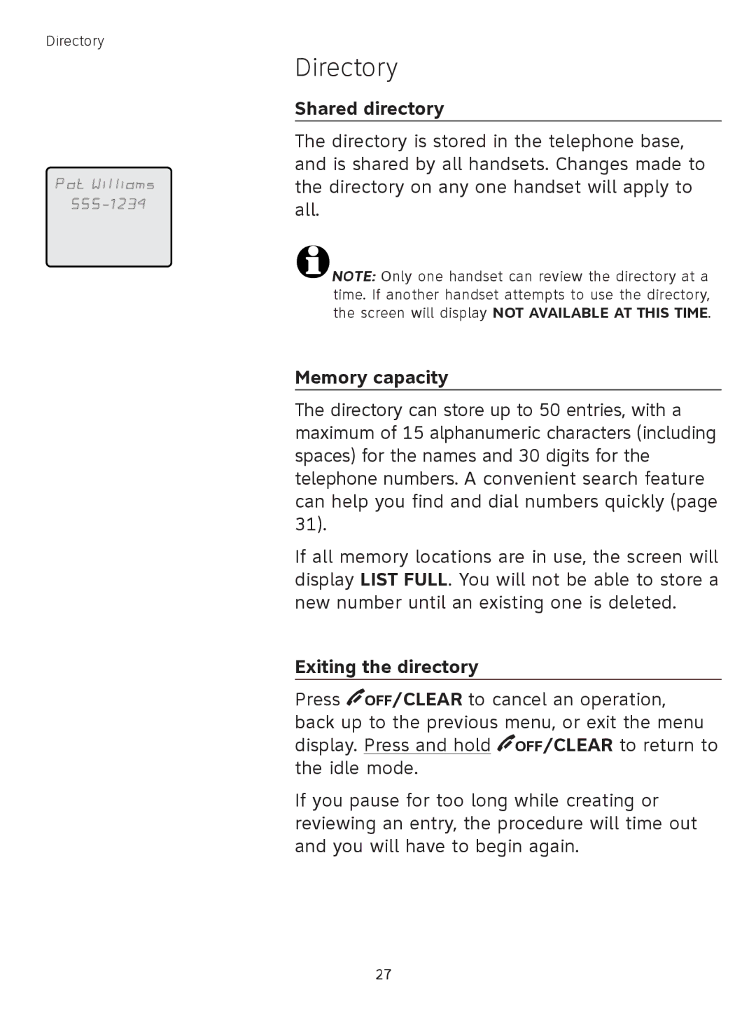 AT&T TL71308 user manual Directory, Shared directory, Memory capacity, Exiting the directory 