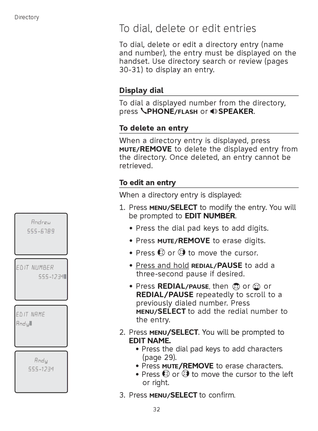 AT&T TL71308 user manual To dial, delete or edit entries, Display dial, To delete an entry, To edit an entry 