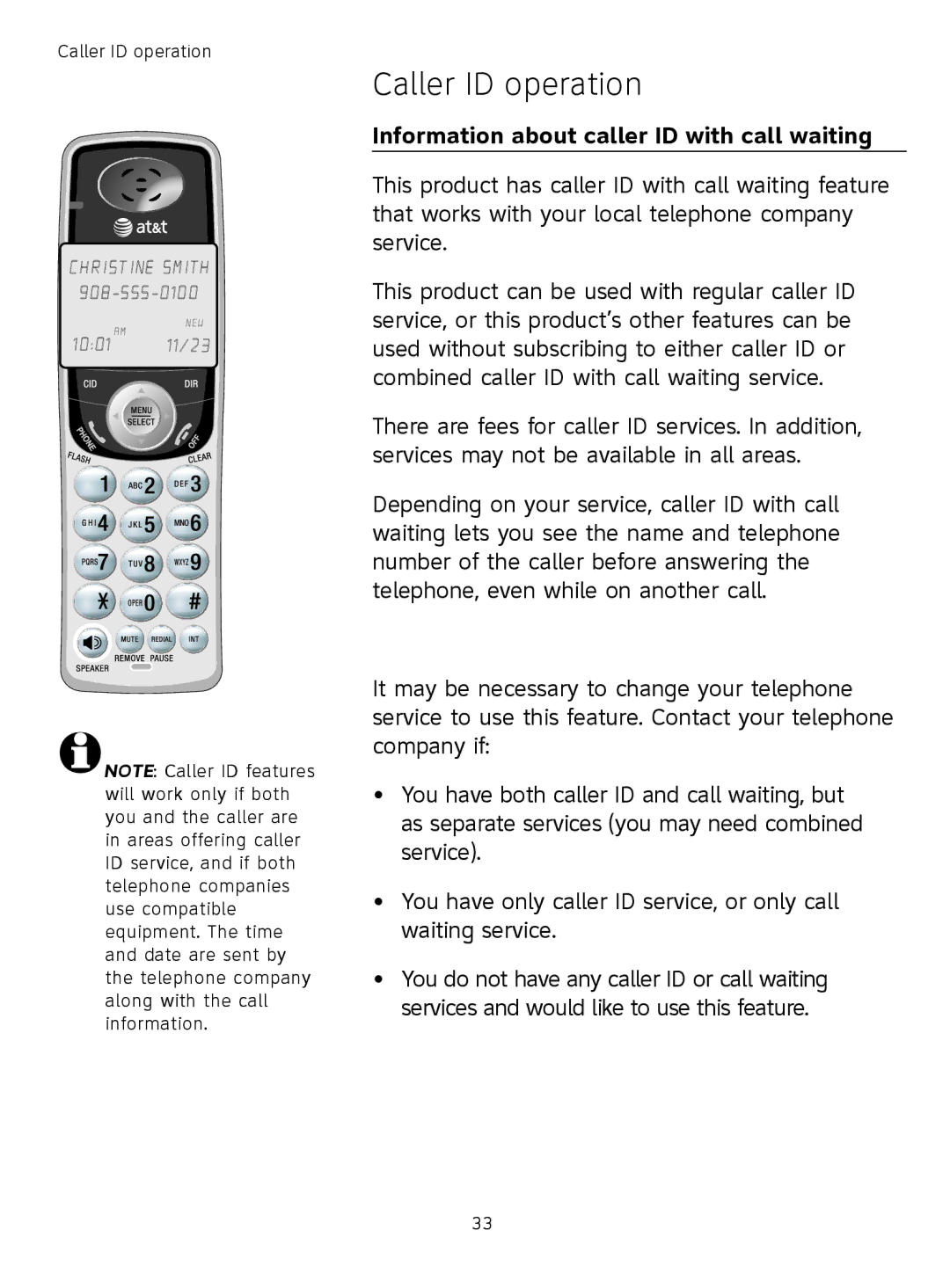 AT&T TL71308 user manual Caller ID operation, Information about caller ID with call waiting 