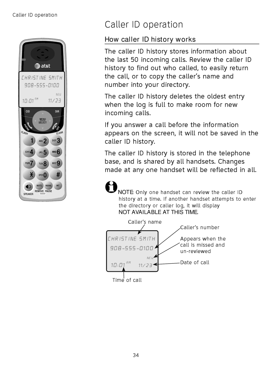 AT&T TL71308 user manual How caller ID history works, Not Available AT this Time 