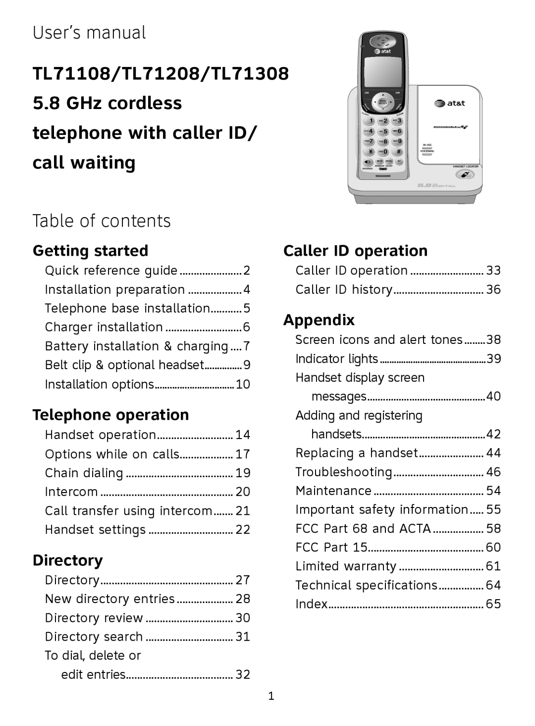 AT&T TL71308 user manual User’s manual, Table of contents 