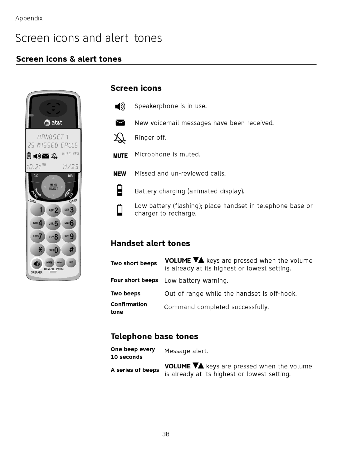 AT&T TL71308 Screen icons and alert tones, Screen icons & alert tones, Handset alert tones, Telephone base tones 