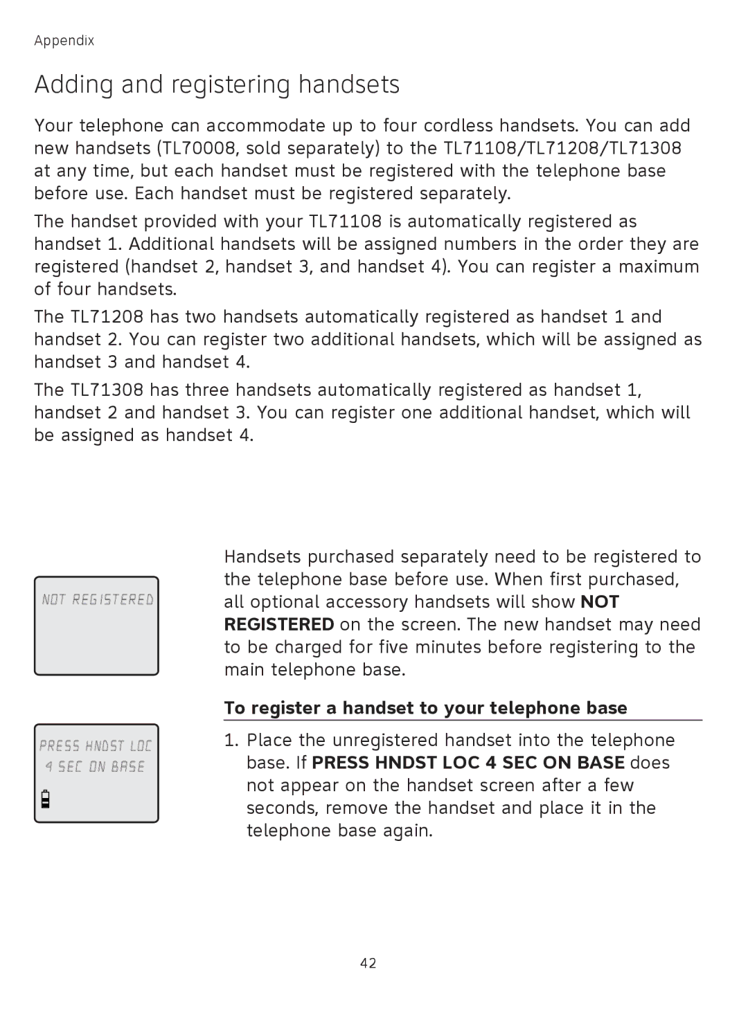 AT&T TL71308 user manual Adding and registering handsets, To register a handset to your telephone base 