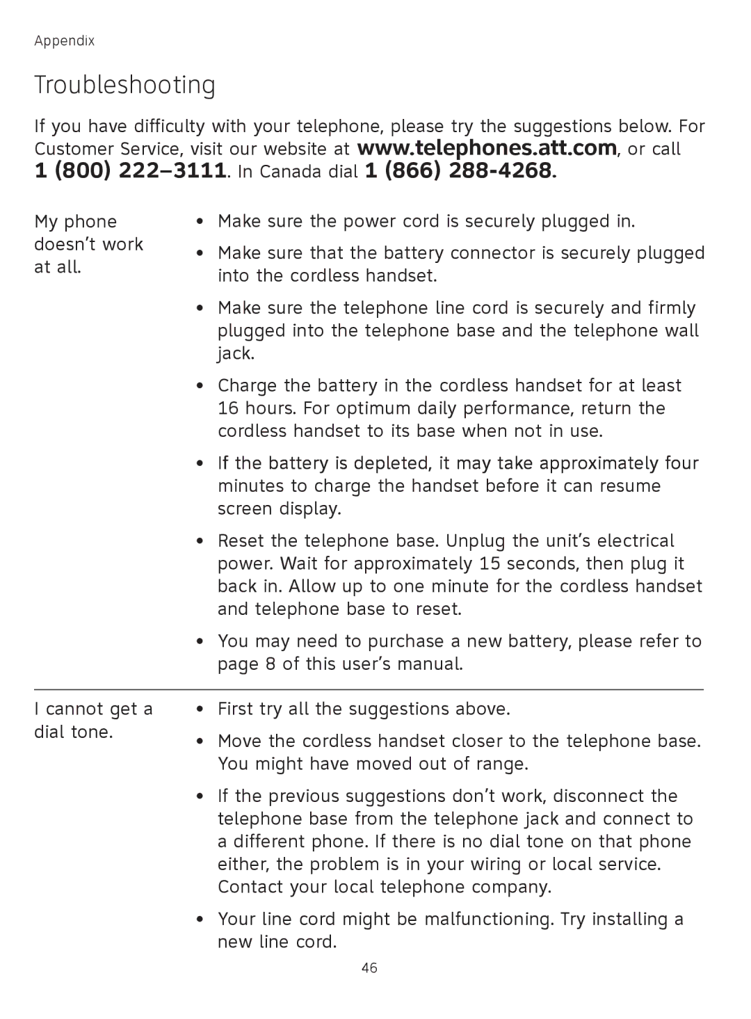 AT&T TL71308 user manual Troubleshooting 