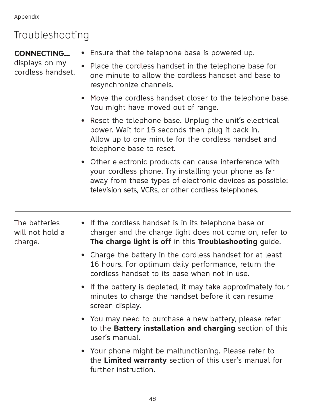 AT&T TL71308 Charge light is off in this Troubleshooting guide, To the Battery installation and charging section of this 