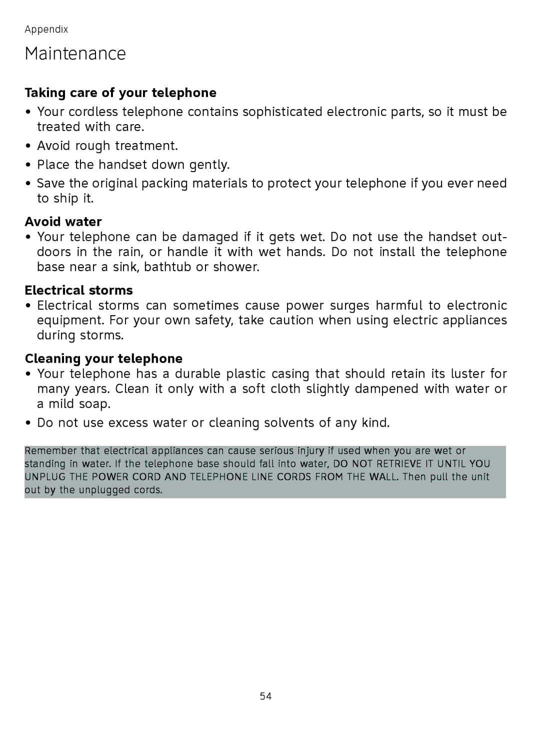 AT&T TL71308 Maintenance, Taking care of your telephone, Avoid water, Electrical storms, Cleaning your telephone 