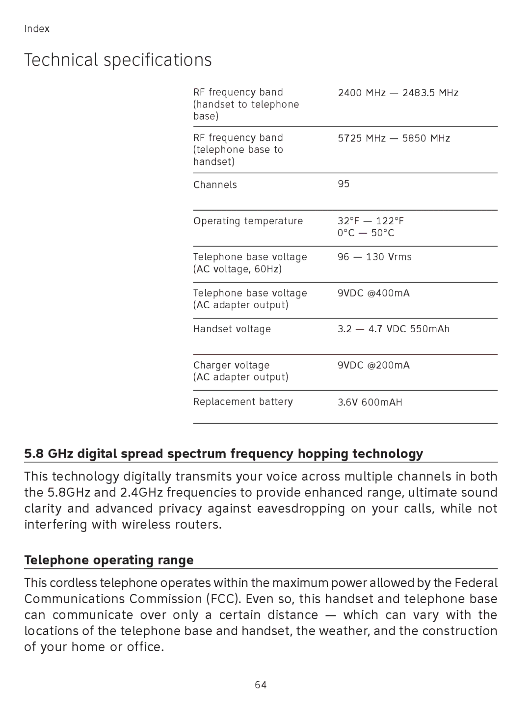 AT&T TL71308 Technical specifications, GHz digital spread spectrum frequency hopping technology, Telephone operating range 