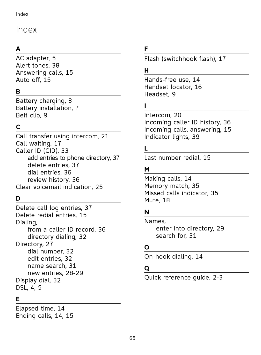 AT&T TL71308 user manual Index 