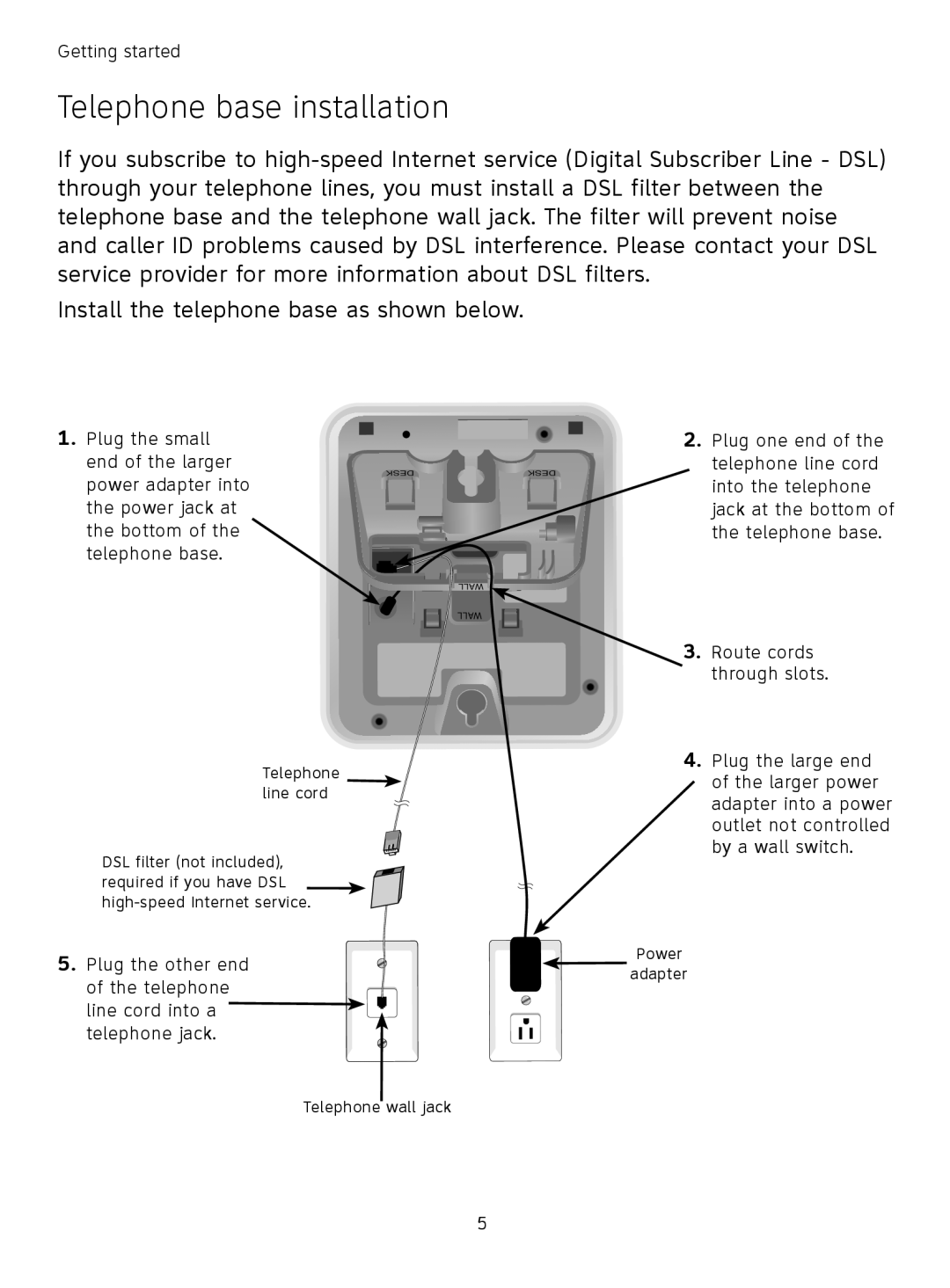 AT&T TL71308 user manual Telephone base installation, Plug the large end 