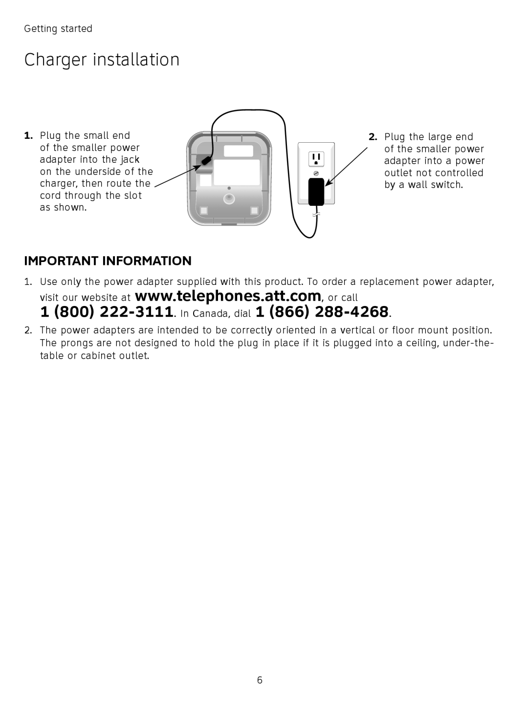 AT&T TL71308 user manual Charger installation, 800 222-3111.In Canada, dial 1 866 