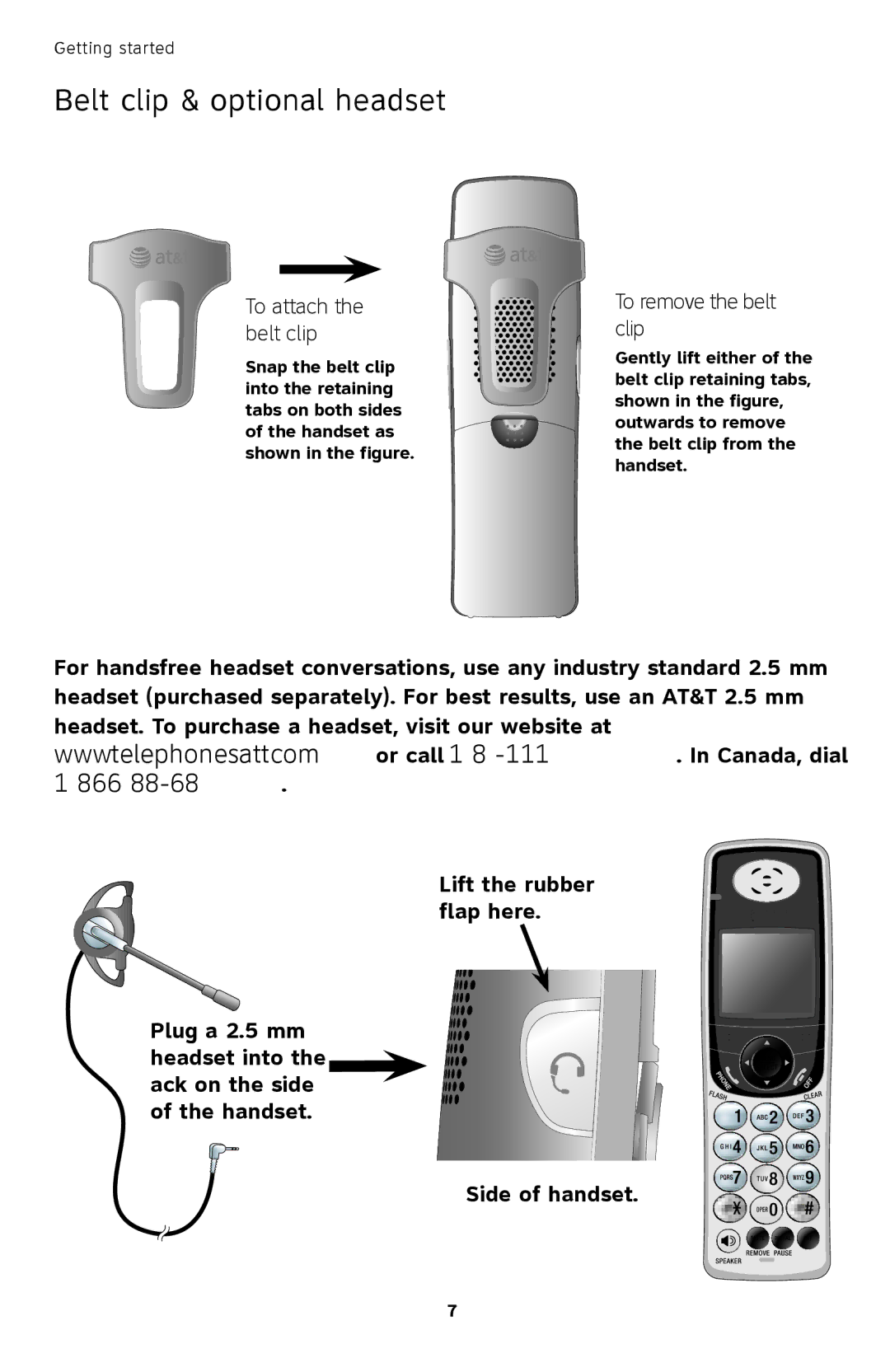 AT&T TL72408 user manual Belt clip & optional headset, To attach the belt clip, To remove the belt clip 