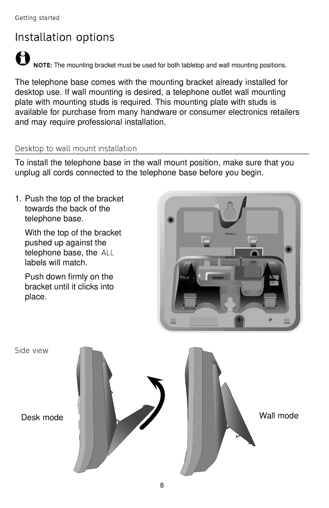 AT&T TL72408 user manual Installation options, Desktop to wall mount installation, Side view 