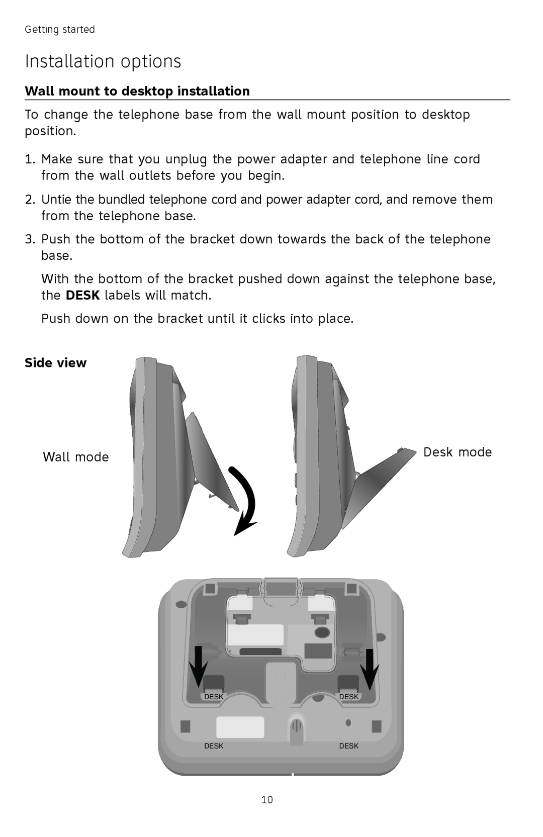 AT&T TL72408 user manual Wall mount to desktop installation 