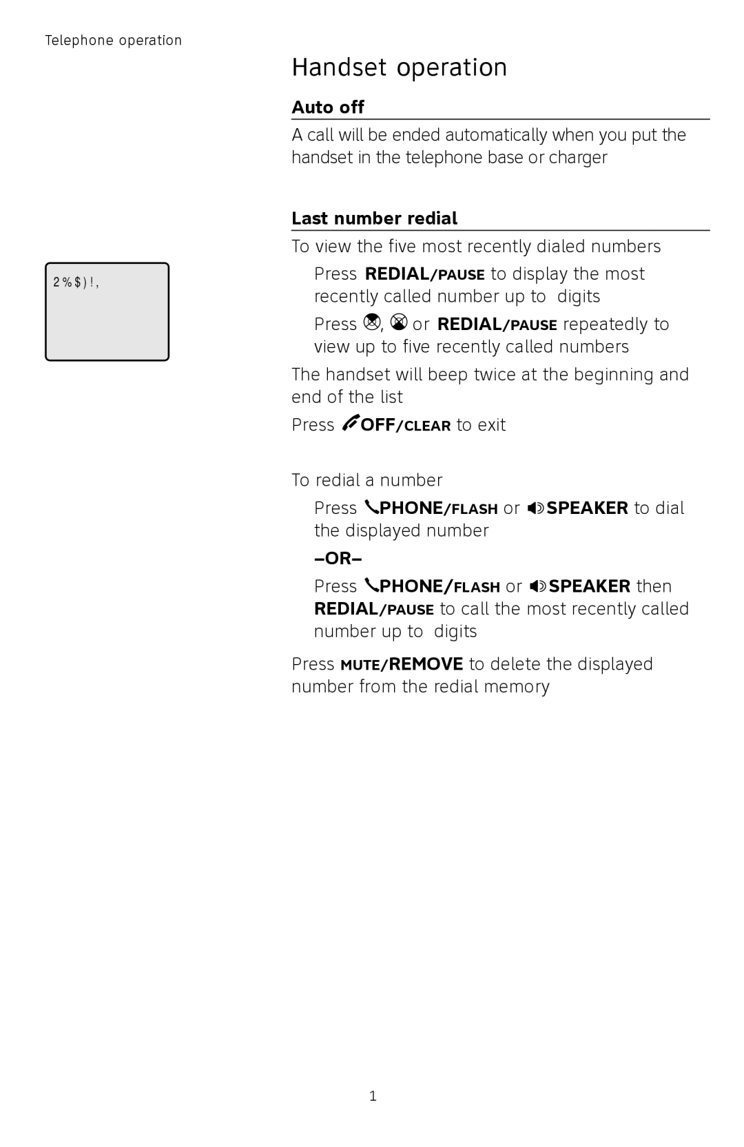 AT&T TL72408 user manual Auto off, Last number redial 