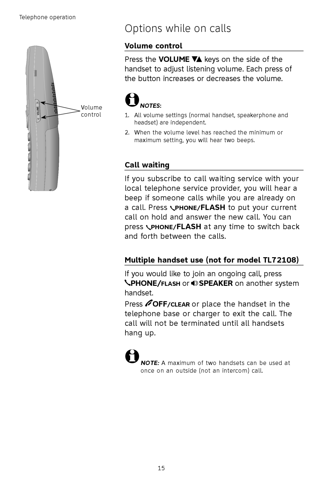 AT&T TL72408 user manual Options while on calls, Volume control, Call waiting, Multiple handset use not for model TL72108 