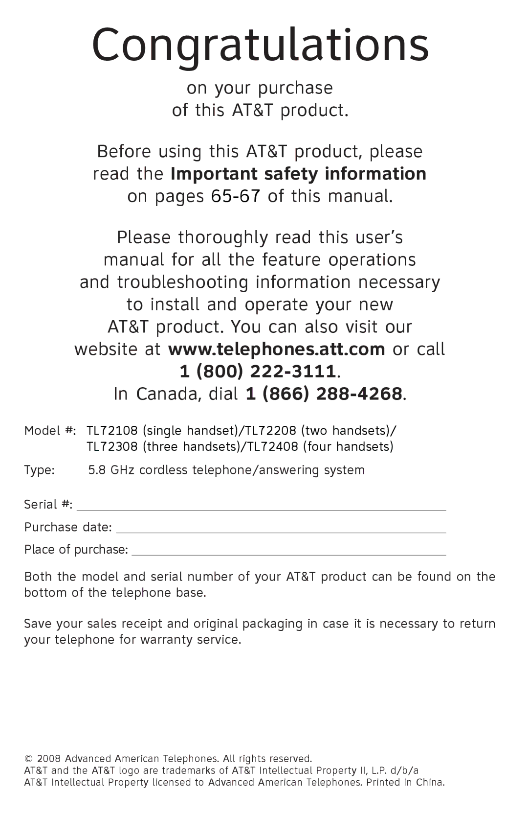 AT&T TL72408 user manual Congratulations, Canada, dial 1 866 