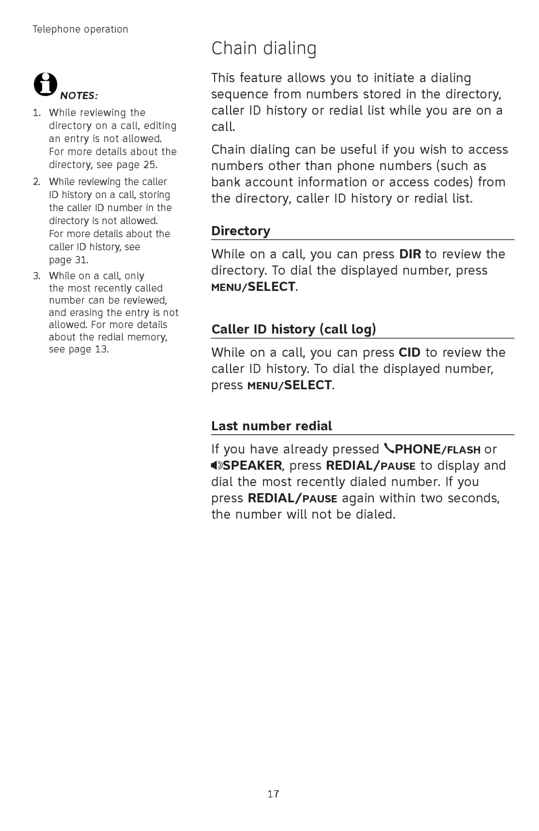 AT&T TL72408 user manual Chain dialing, Directory, Caller ID history call log 