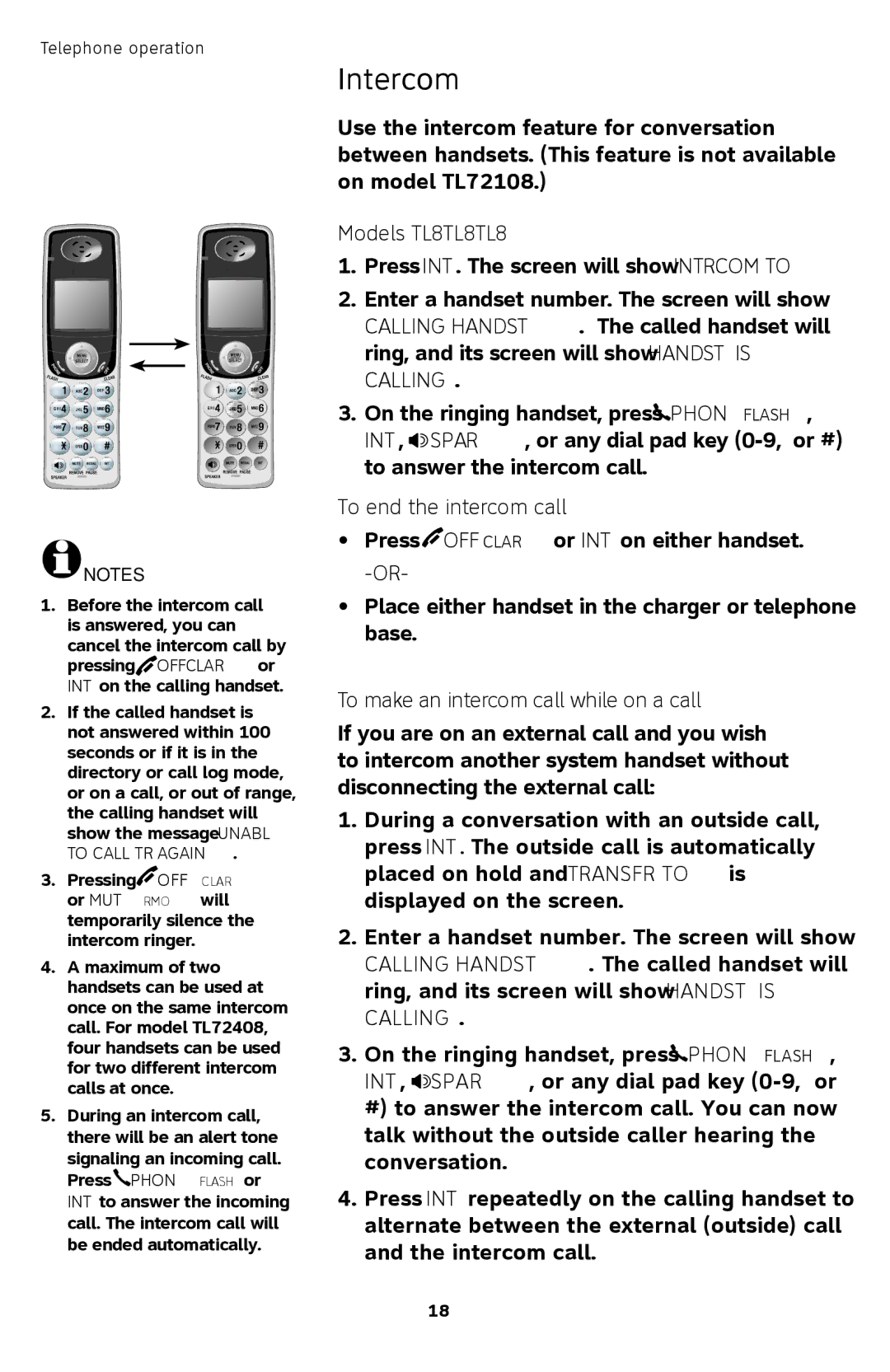 AT&T Intercom, Models TL72208/TL72308/TL72408, To end the intercom call, To make an intercom call while on a call 