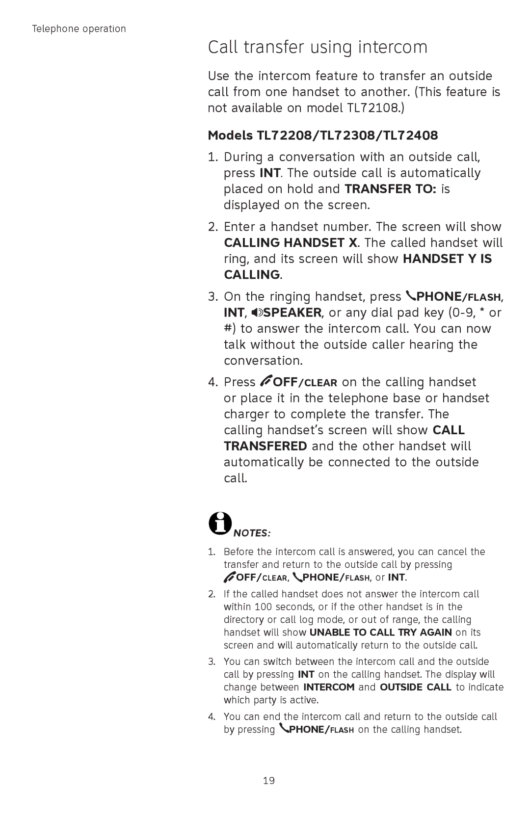 AT&T TL72408 user manual Call transfer using intercom, OFF/CLEAR, PHONE/FLASH, or INT 