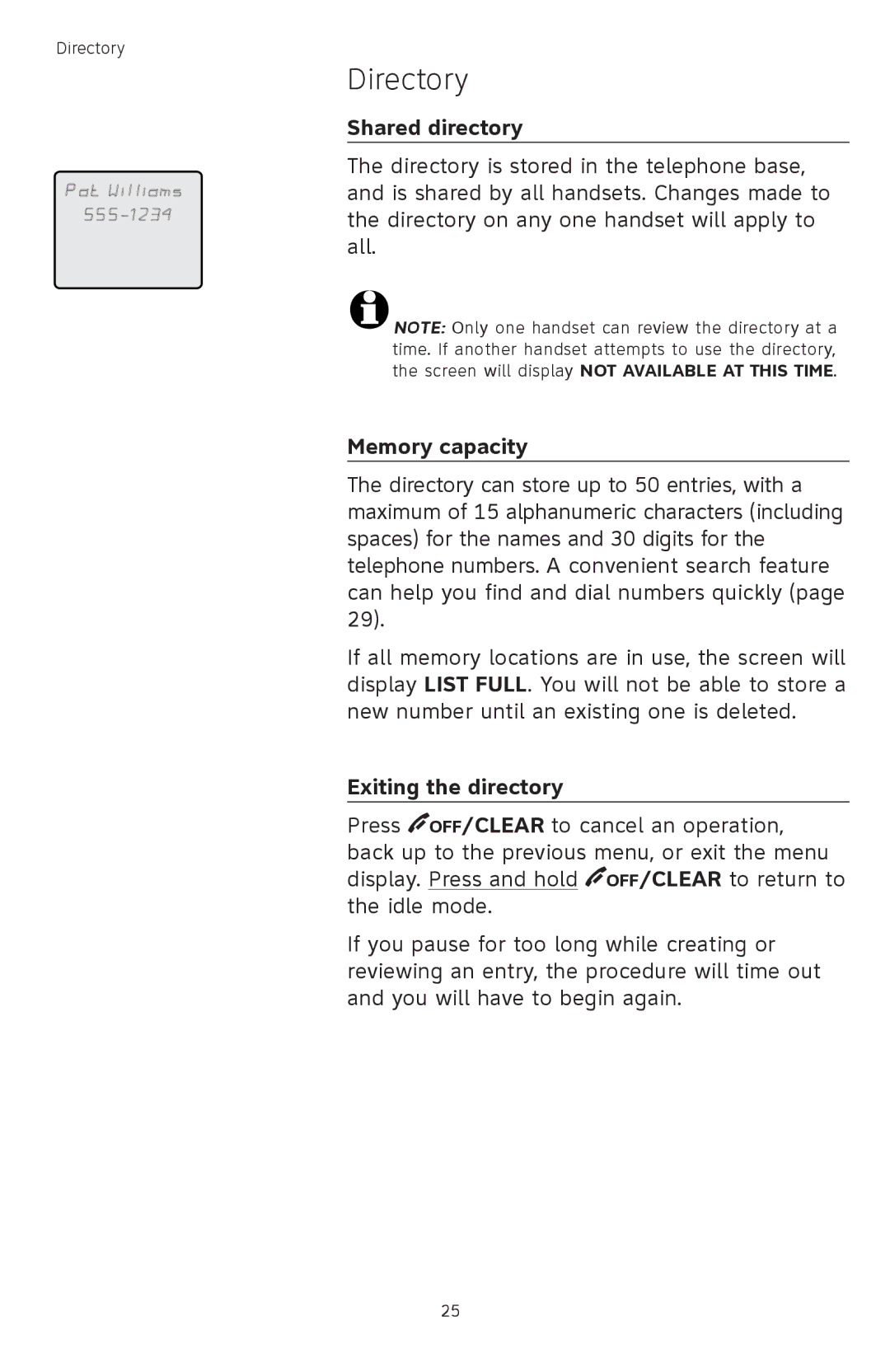 AT&T TL72408 user manual Directory, Shared directory, Memory capacity, Exiting the directory 