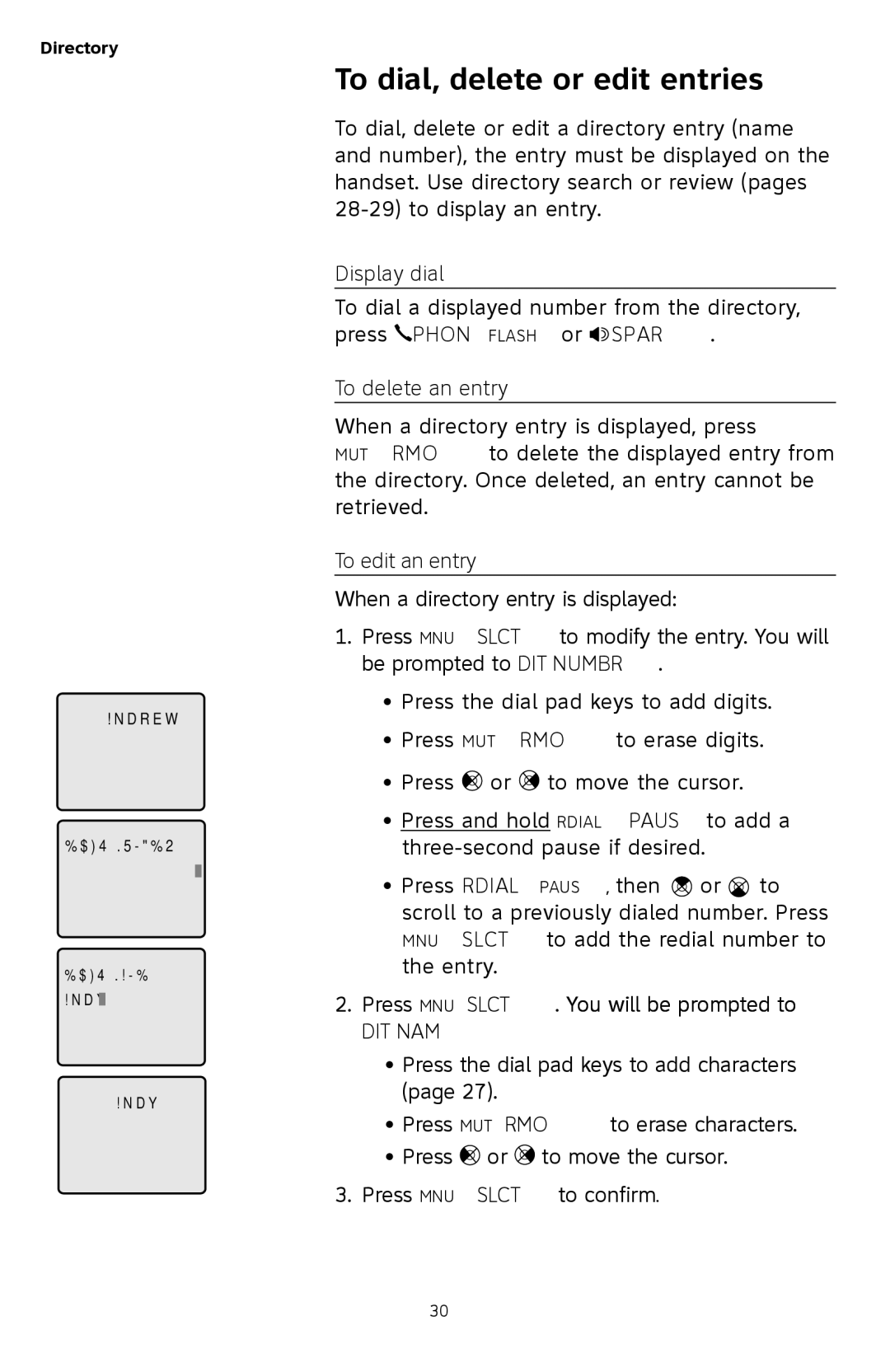 AT&T TL72408 user manual To dial, delete or edit entries, Display dial, To delete an entry, To edit an entry 