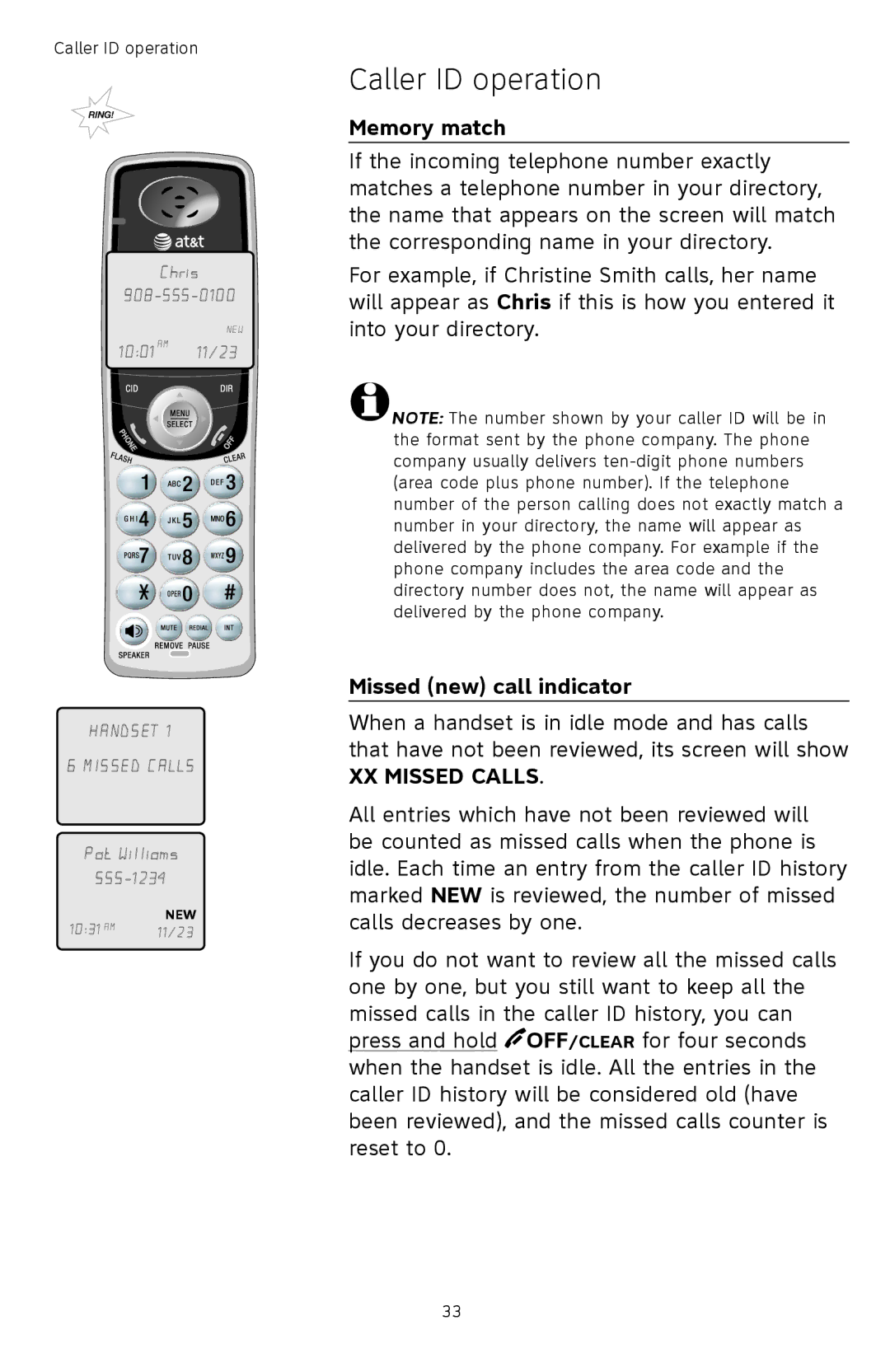 AT&T TL72408 user manual Memory match, Missed new call indicator 