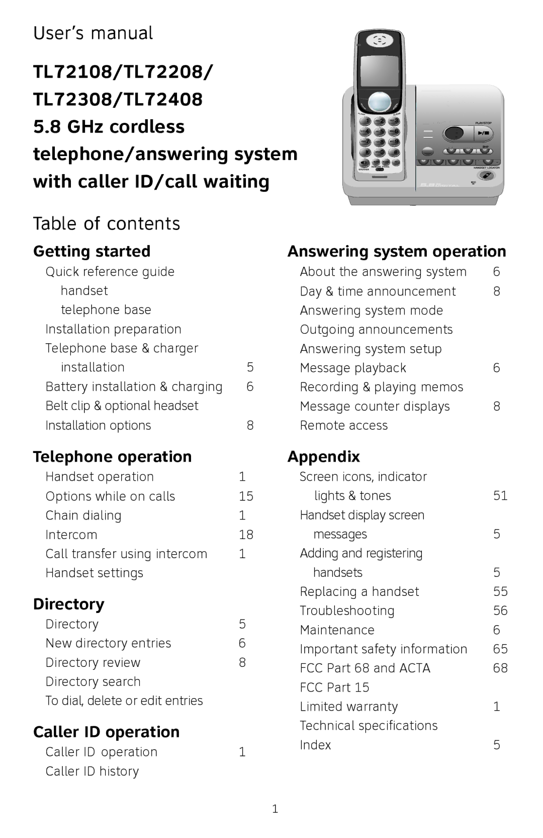 AT&T TL72408 user manual TL72108/TL72208, Table of contents 