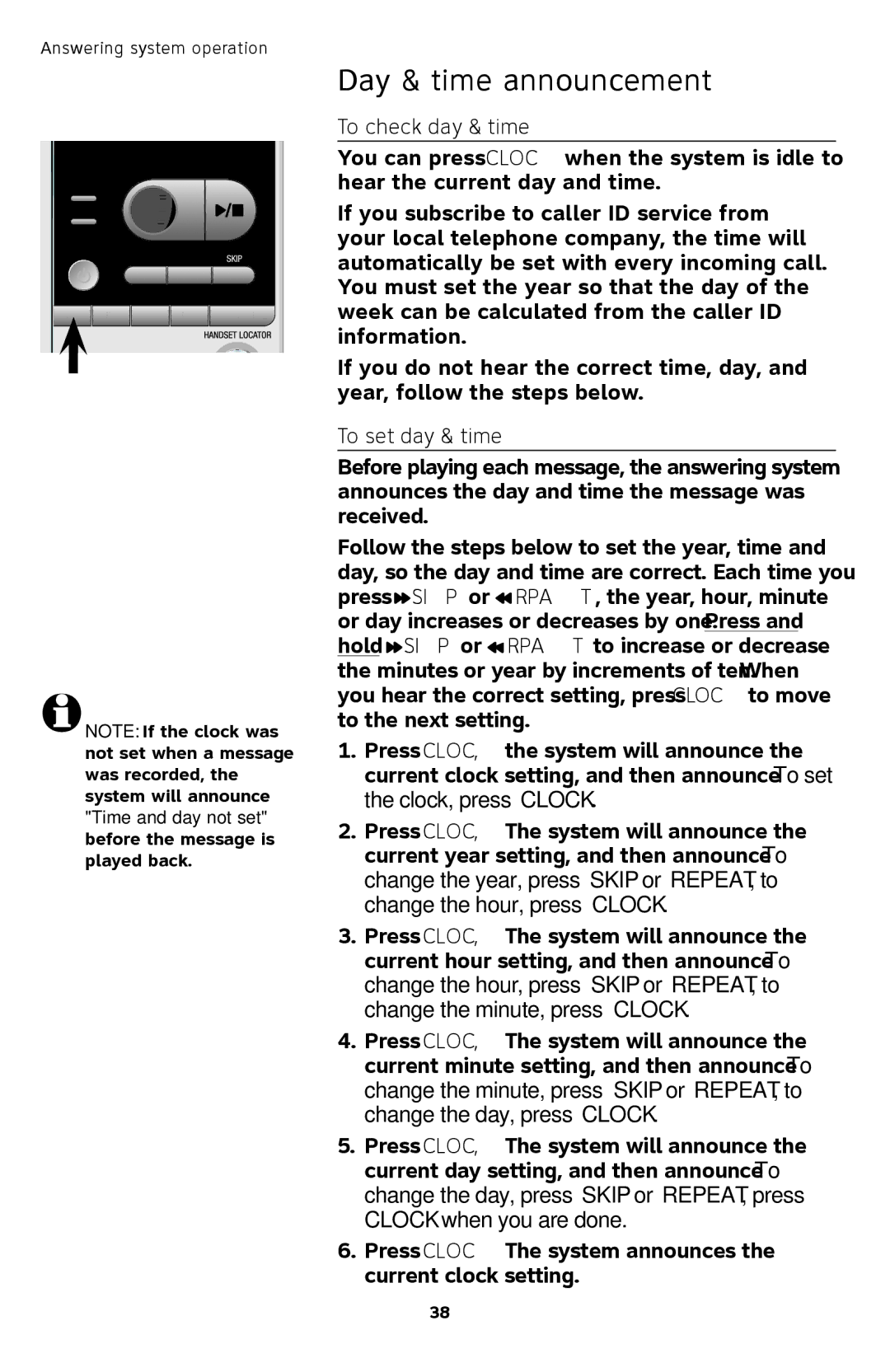 AT&T TL72408 user manual Day & time announcement, To check day & time, To set day & time 