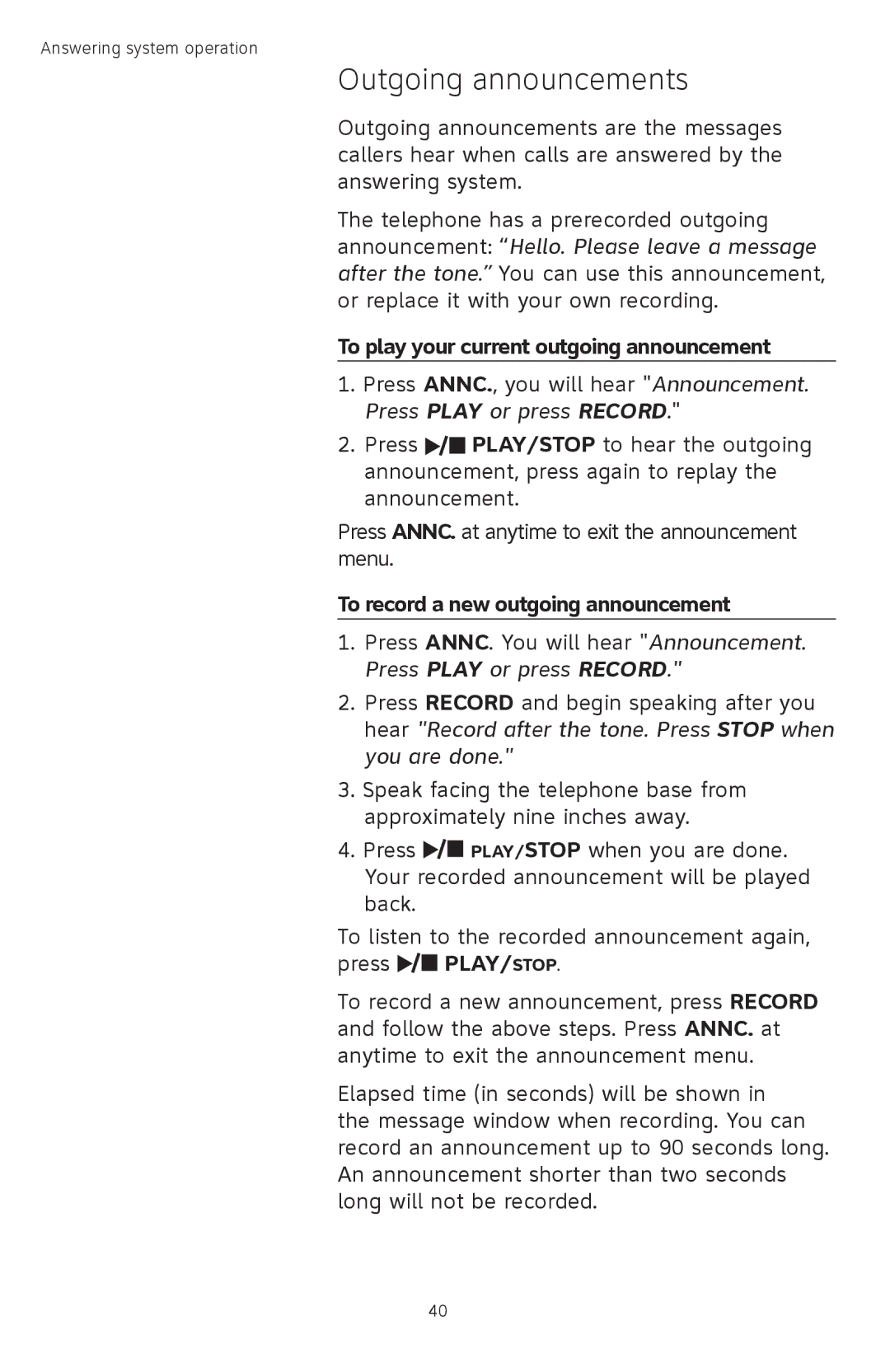 AT&T TL72408 Outgoing announcements, To play your current outgoing announcement, To record a new outgoing announcement 