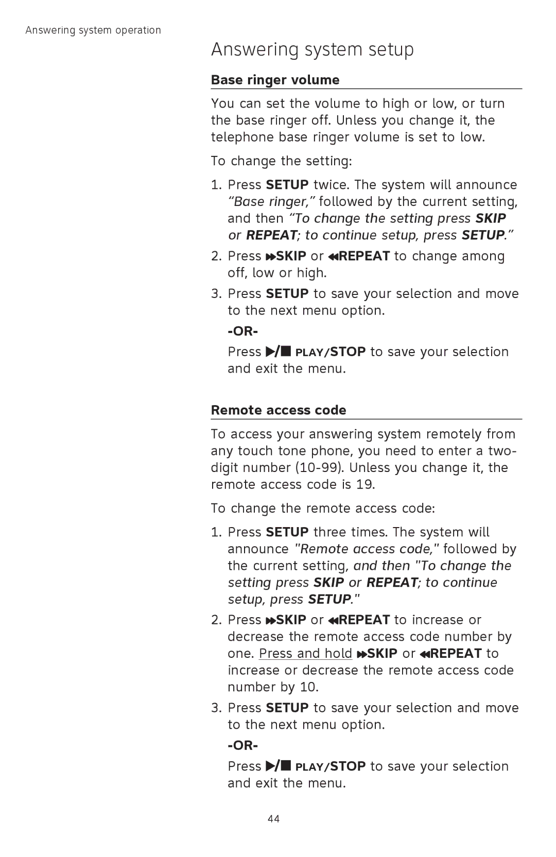 AT&T TL72408 user manual Base ringer volume, Remote access code 