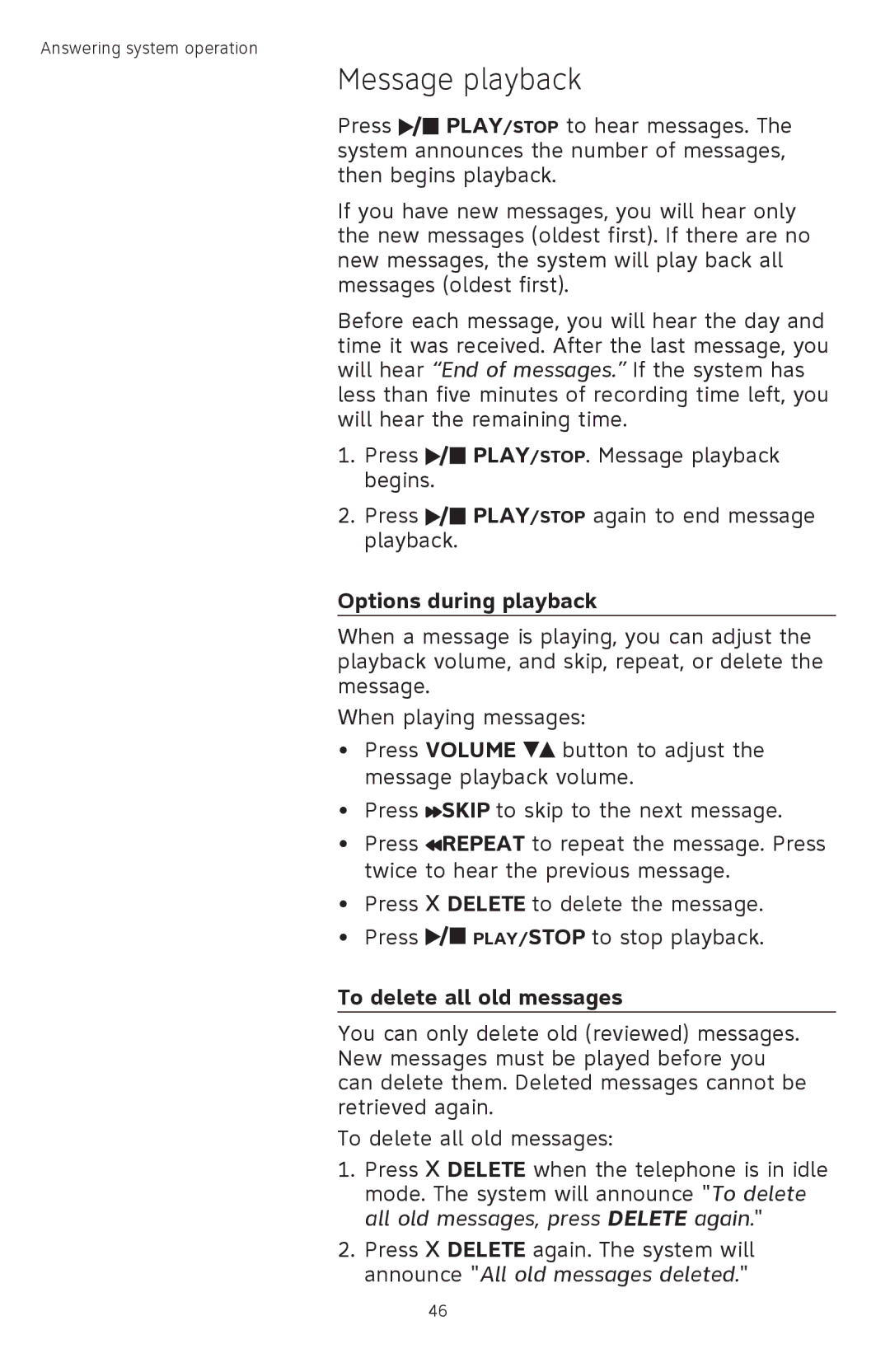 AT&T TL72408 user manual Message playback, Options during playback, To delete all old messages 