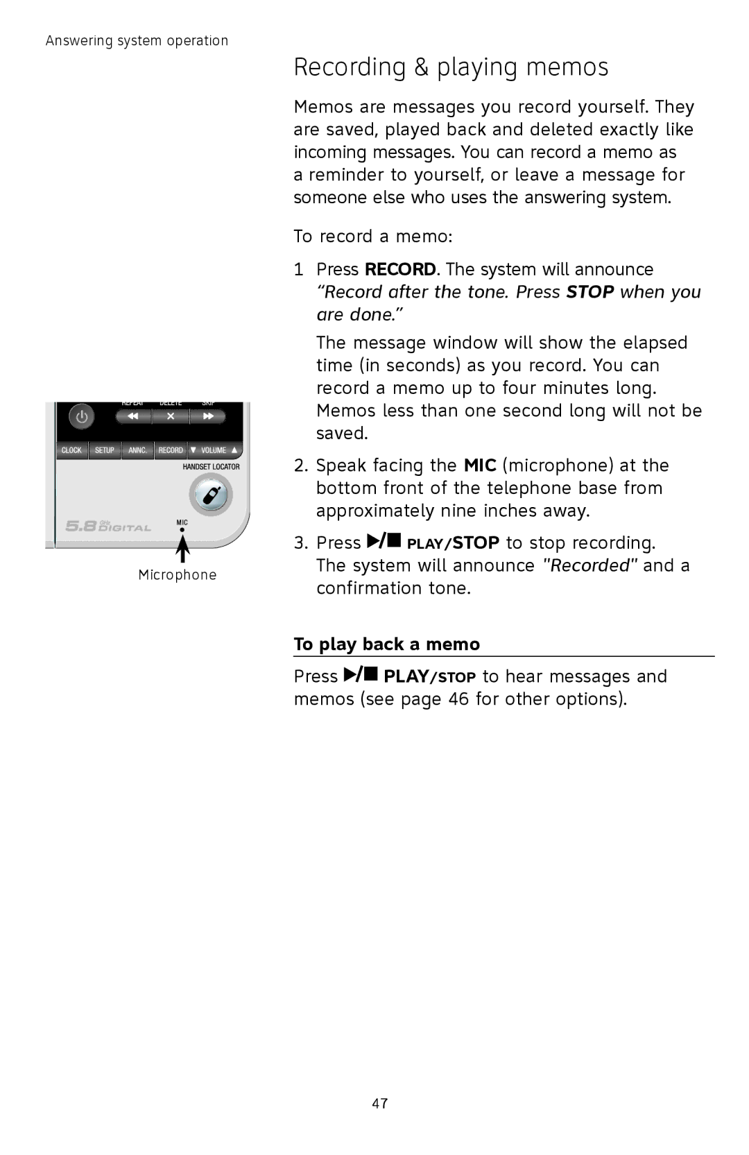 AT&T TL72408 user manual Recording & playing memos, To play back a memo 