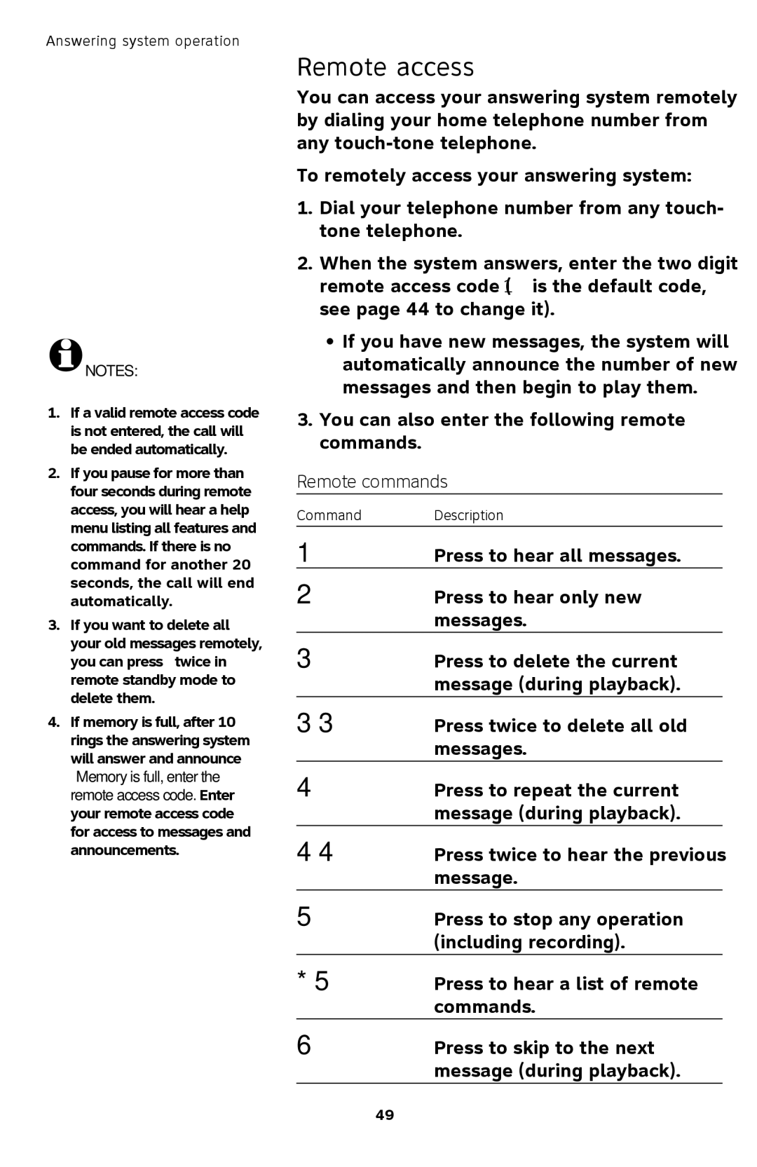 AT&T TL72408 user manual Remote access, Remote commands 