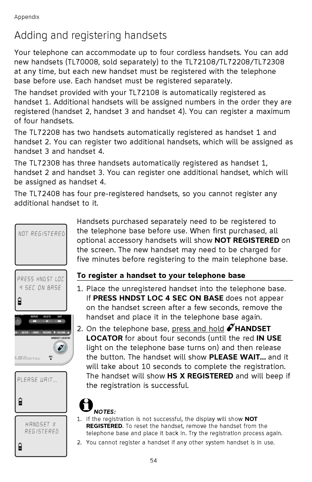 AT&T TL72408 user manual Adding and registering handsets, To register a handset to your telephone base 