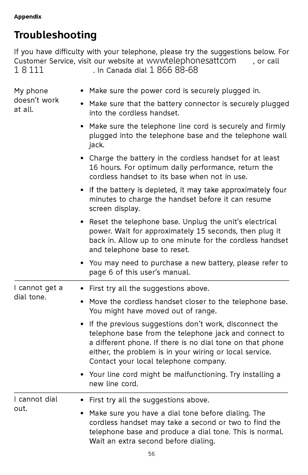 AT&T TL72408 user manual Troubleshooting 