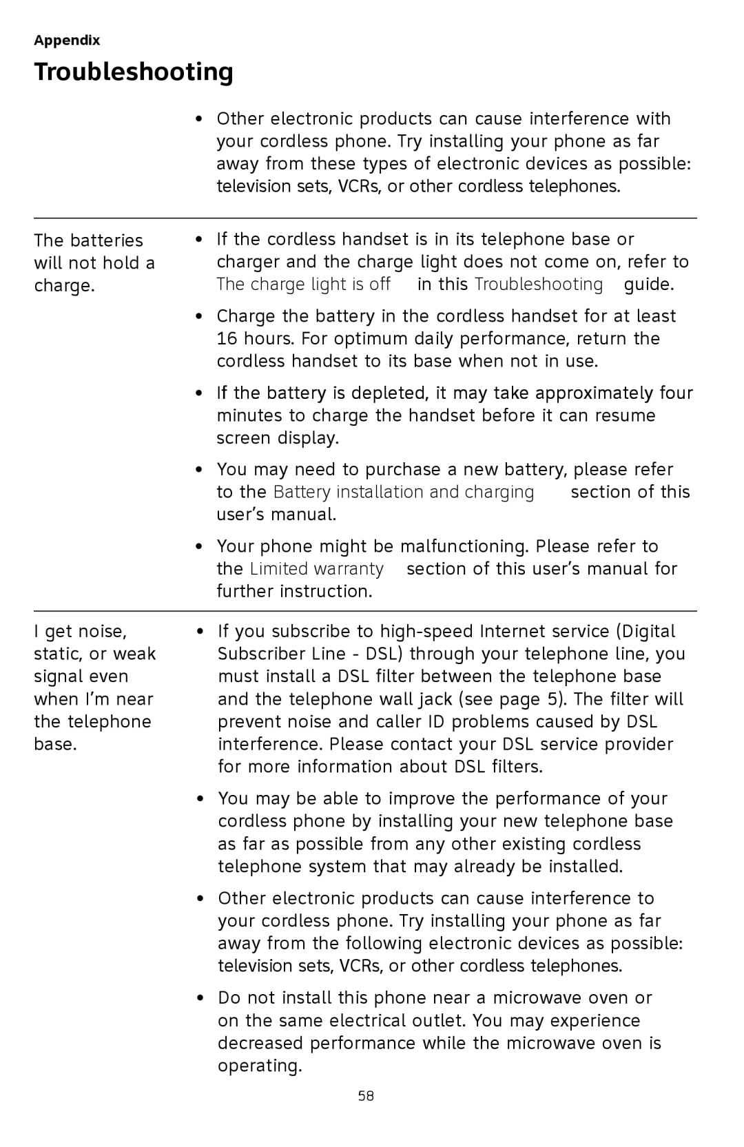 AT&T TL72408 Charge light is off in this Troubleshooting guide, To the Battery installation and charging section of this 