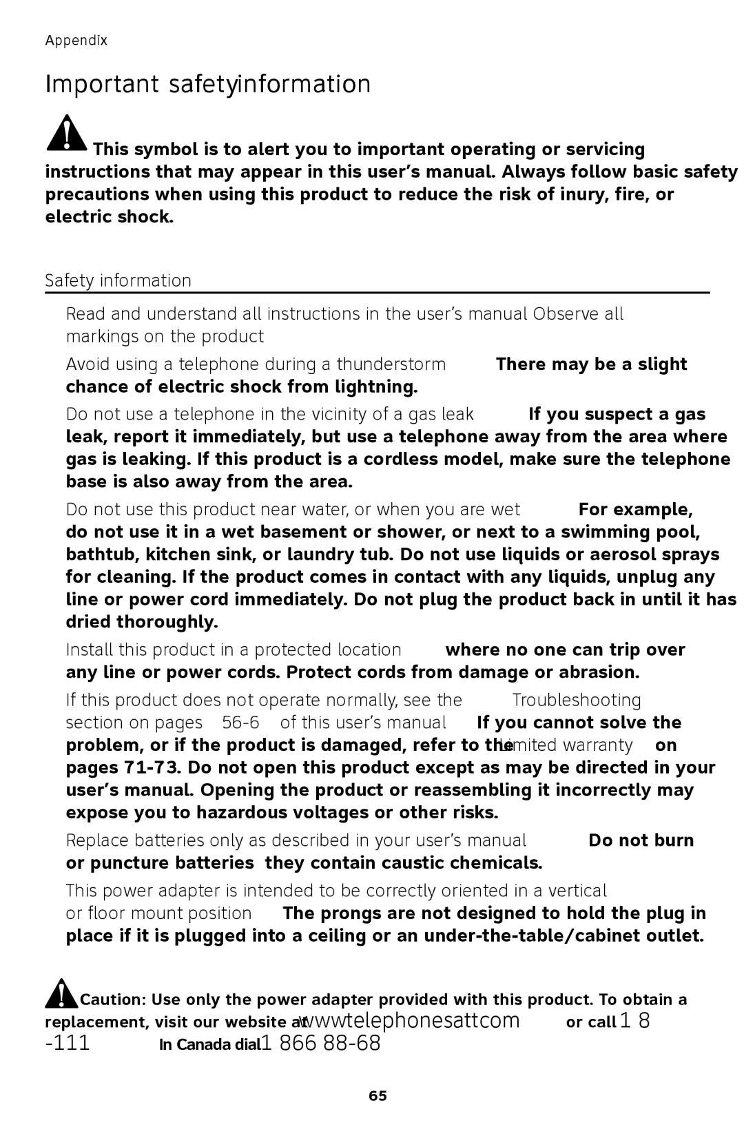 AT&T TL72408 user manual Important safety information 