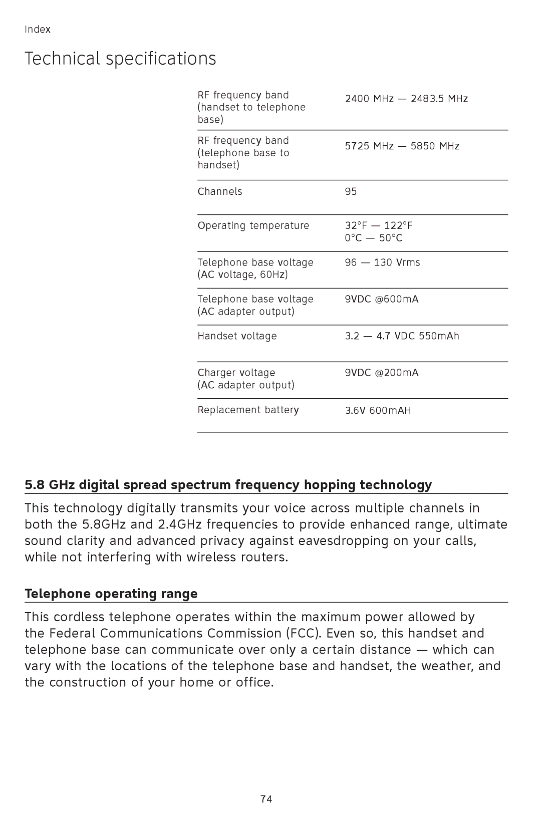 AT&T TL72408 Technical specifications, GHz digital spread spectrum frequency hopping technology, Telephone operating range 