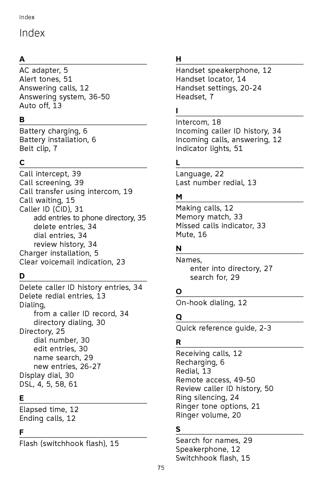 AT&T TL72408 user manual Index 