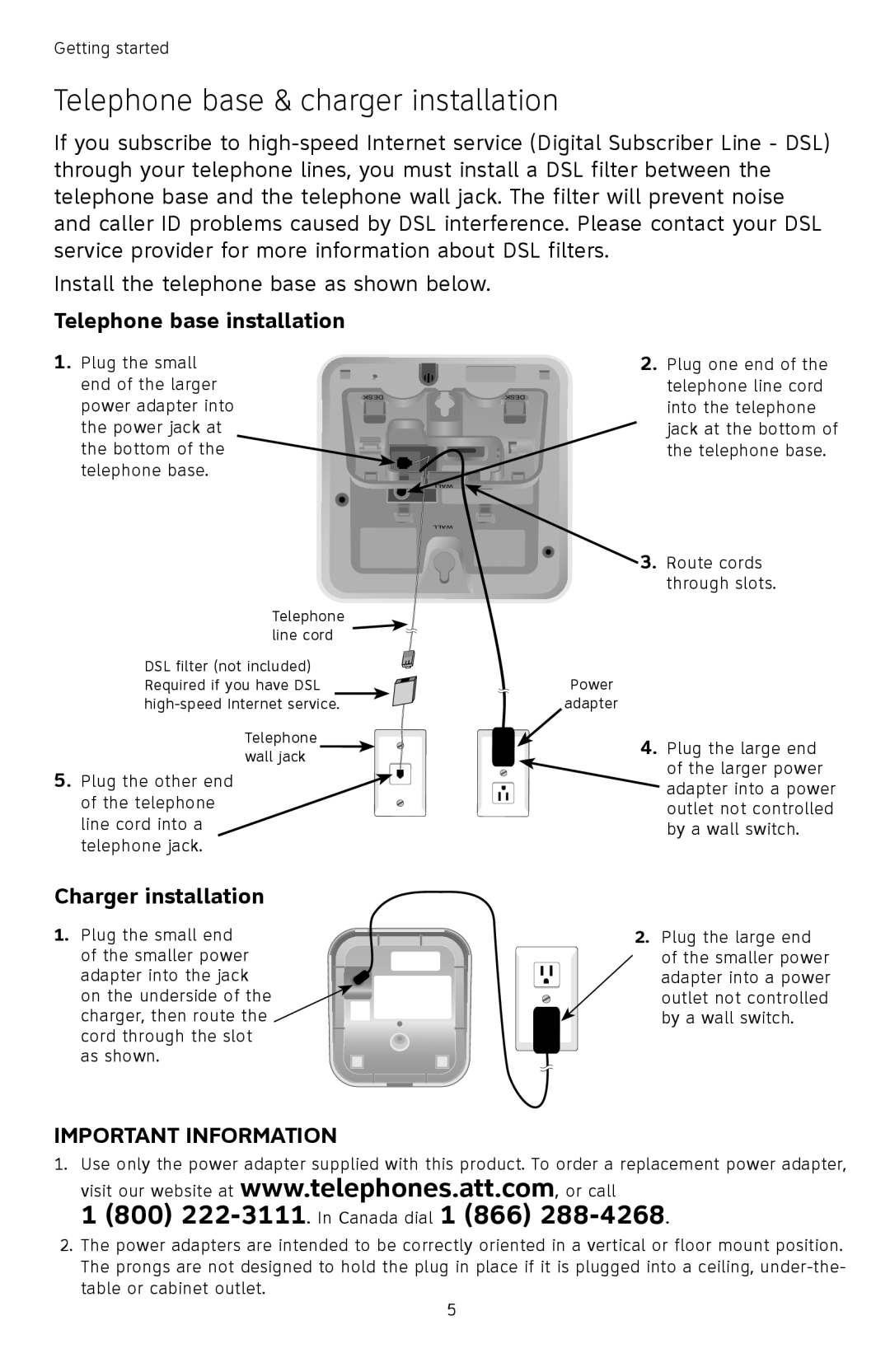 AT&T TL72408 user manual Telephone base & charger installation, Telephone base installation, Charger installation 